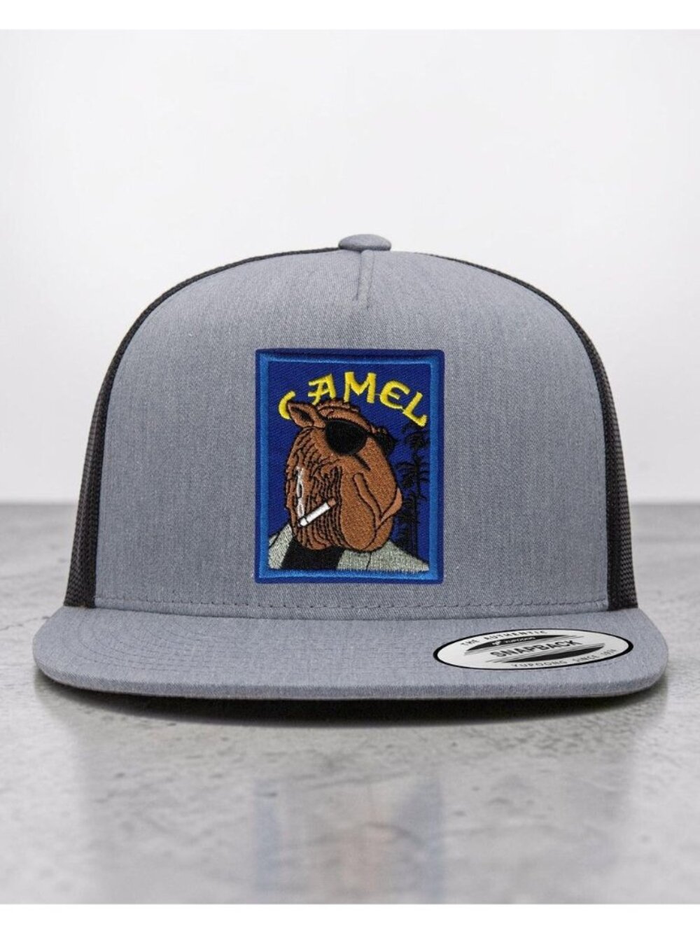 Camel Tobacco Logo YP Classics 6006 Flat Bill Trucker Mesh Back Snapback grey/bl
